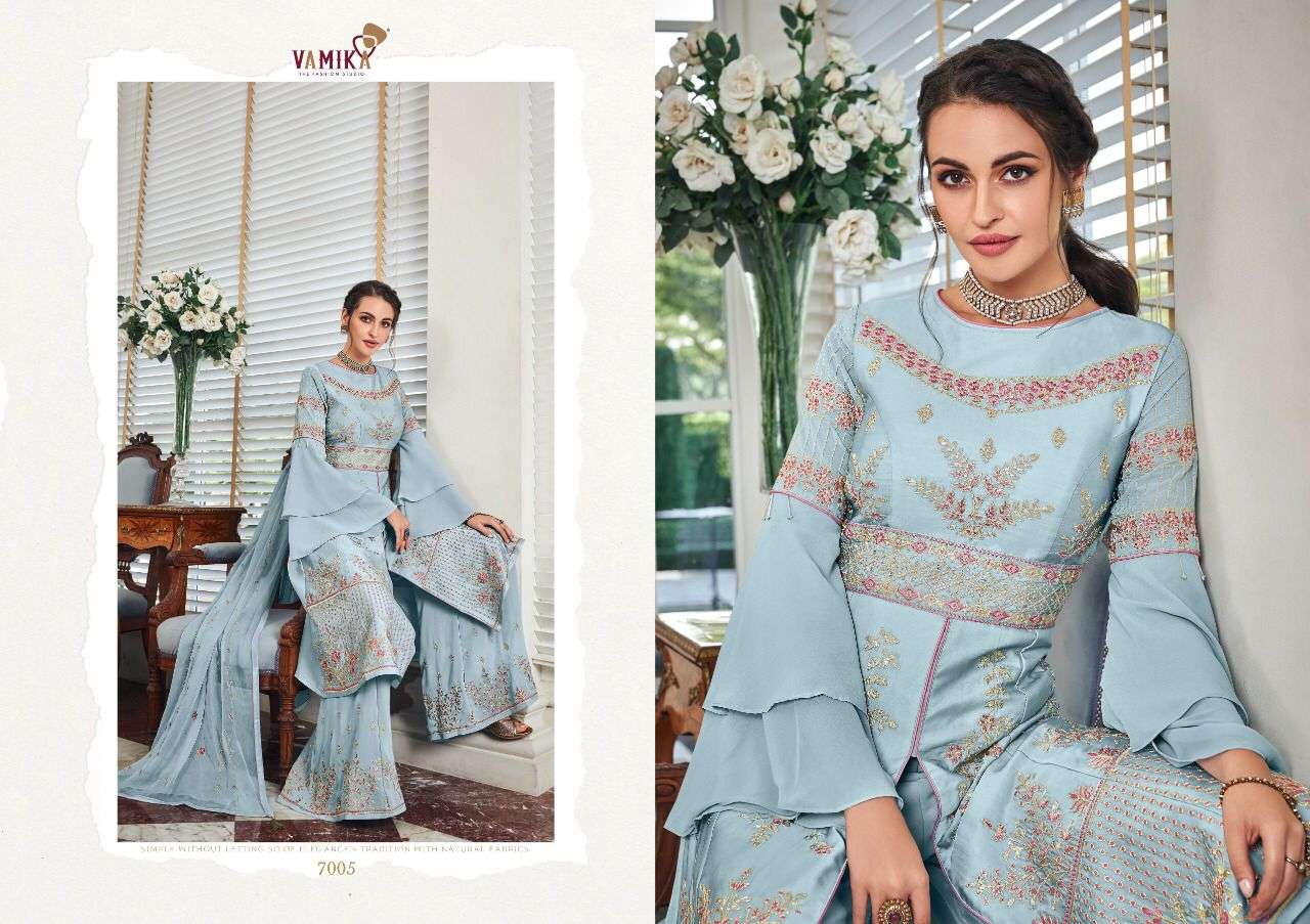Vamika- Riyaaz - Georgette Heavy Embroidery With Handwork Kurti With Pant And Georgette Dupatta-7006-C